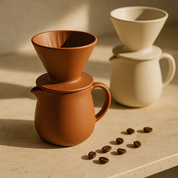 AI-generated product marketing photograph — ceramic pour-over set, campaign style